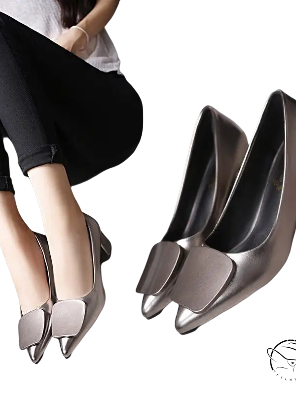 Silver breathable Korean heels with square bow detail on toe