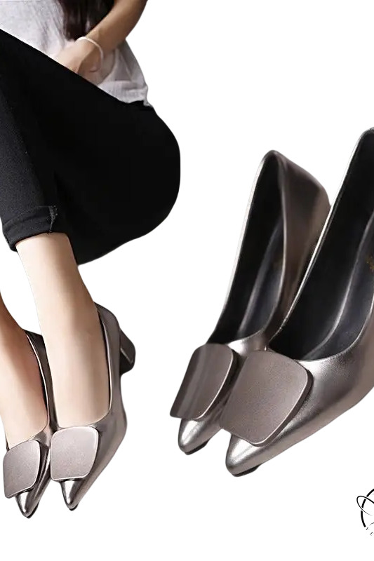 Silver breathable Korean heels with square bow detail on toe