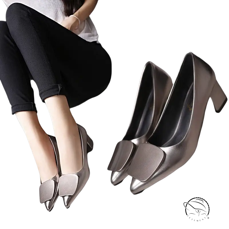 Silver breathable Korean heels with square bow detail on toe