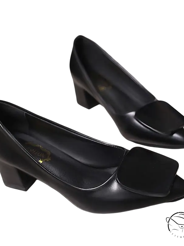 Black breathable Korean heels with square bow detail