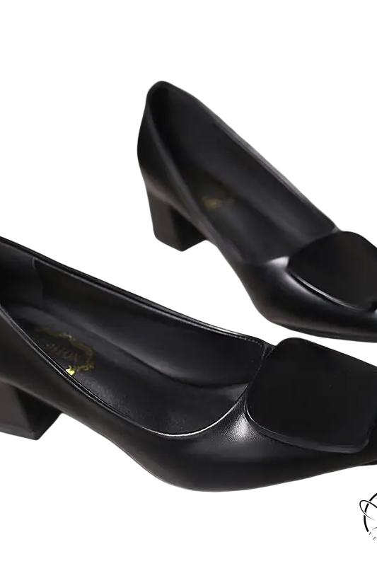 Black breathable Korean heels with square bow detail
