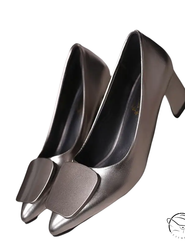 Silver breathable Korean heels with square bow detail on toe