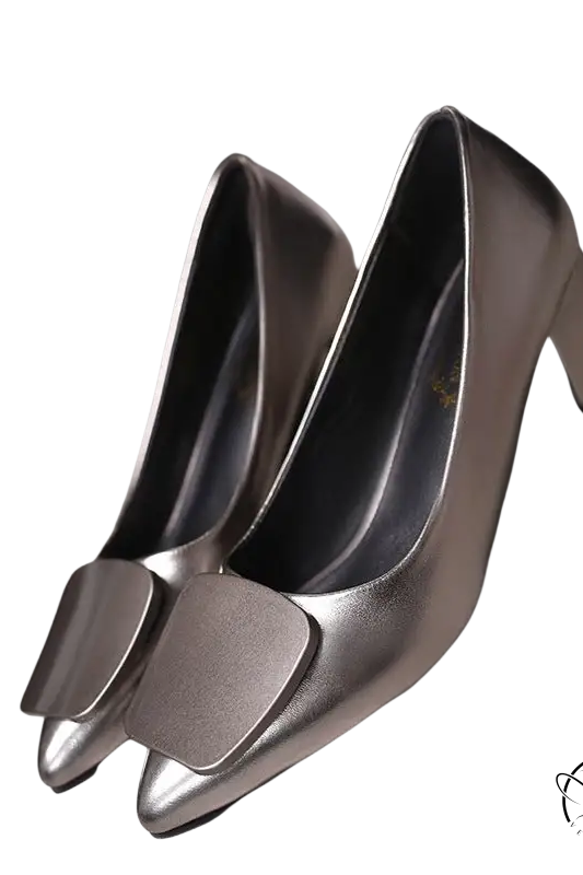 Silver breathable Korean heels with square bow detail on toe