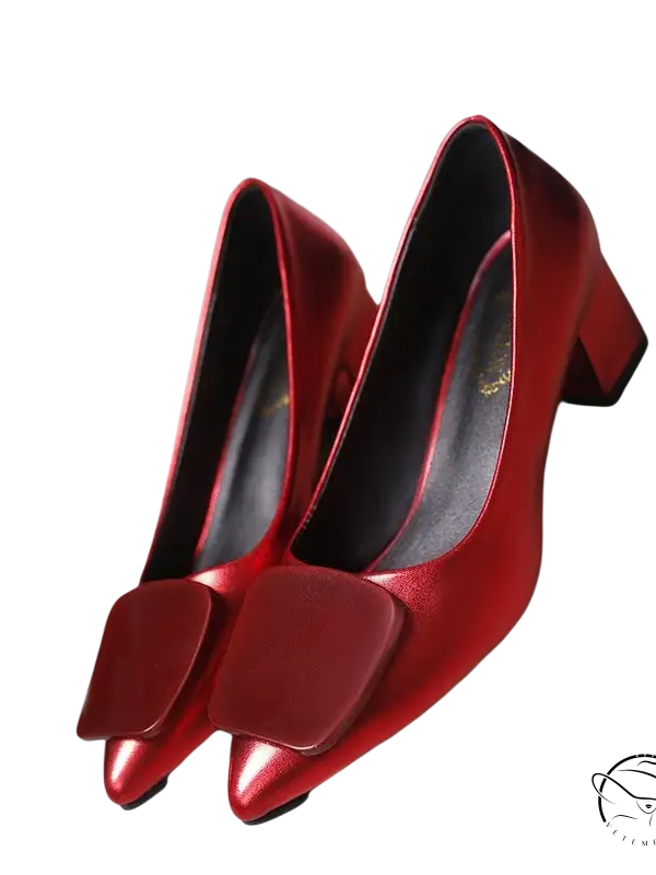 Red breathable Korean heels with square bow on patent leather pumps