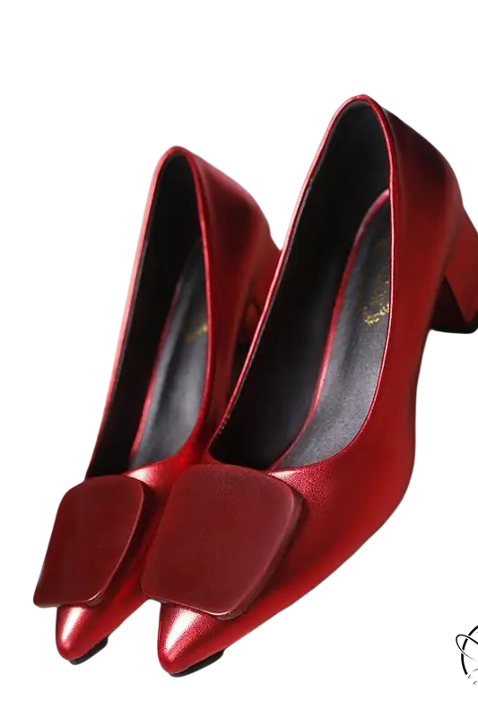 Red breathable Korean heels with square bow on patent leather pumps
