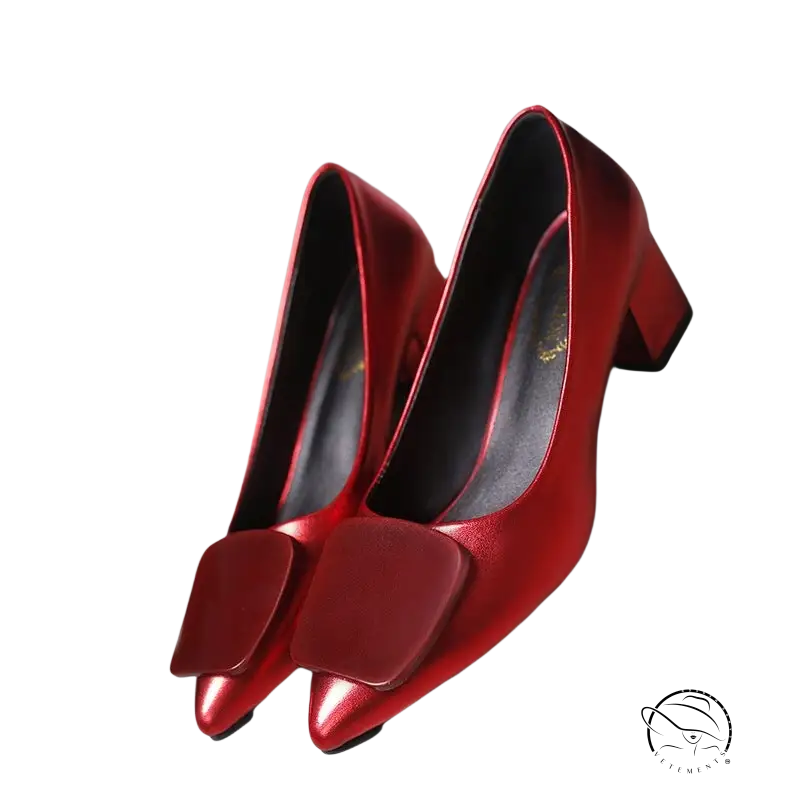 Red breathable Korean heels with square bow on patent leather pumps