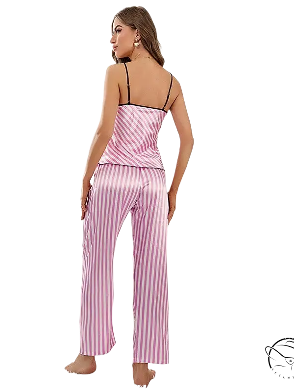 Pink and white fresh striped pajamas breathable strap vest and vest pants suit