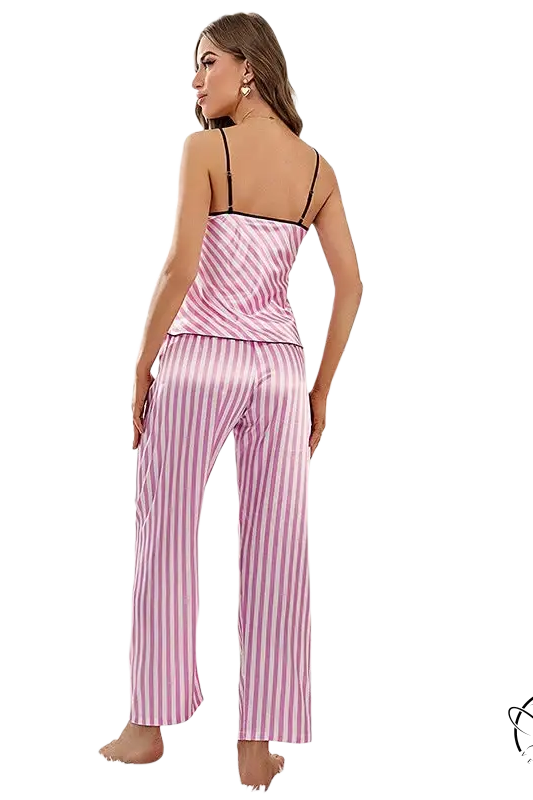 Pink and white fresh striped pajamas breathable strap vest and vest pants suit