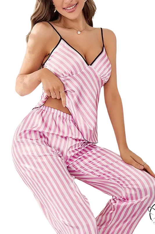 Pink and white fresh striped pajamas breathable strap vest and vest pants suit