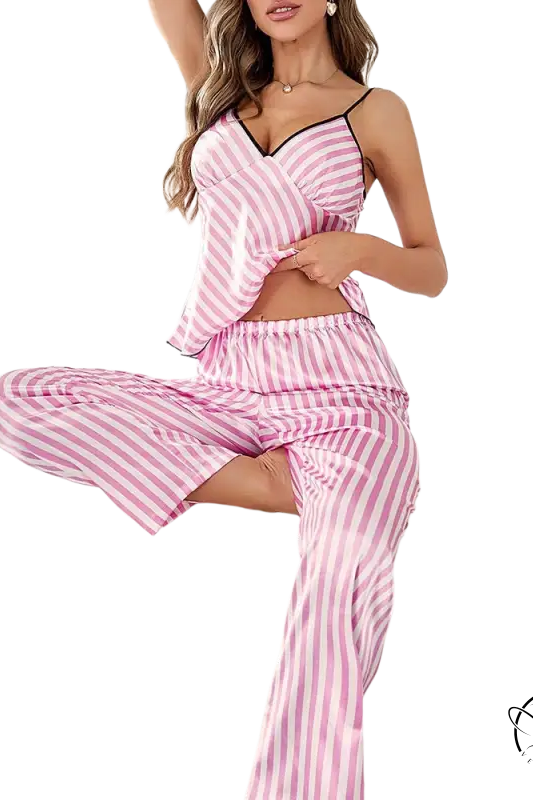 Breathable strap vest and vest pants suit in fresh striped pajamas with pink and white satin stripes and black trim