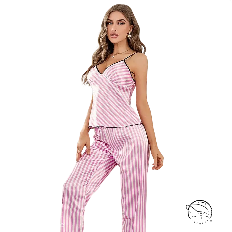 Breathable strap vest and vest pants suit in fresh striped pajamas with pink and white vertical satin stripes and black trim