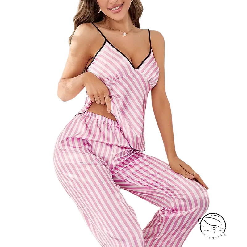 Pink and white fresh striped pajamas breathable strap vest with black trim