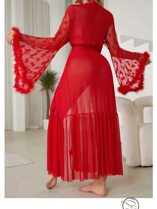 Bright red sexy mesh nightgown with bell sleeves and feathered trim