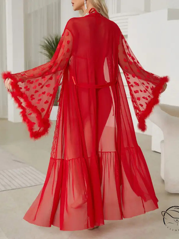 Bright red sexy mesh nightgown with belted design and flared sleeves
