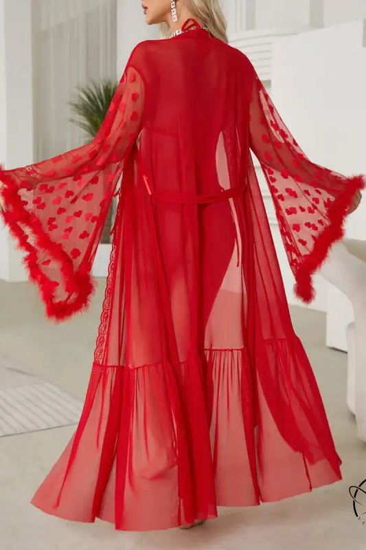 Bright red sexy mesh nightgown with belted design and flared sleeves