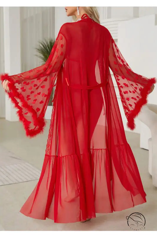 Bright red sexy mesh nightgown with flared sleeves and feathered trim
