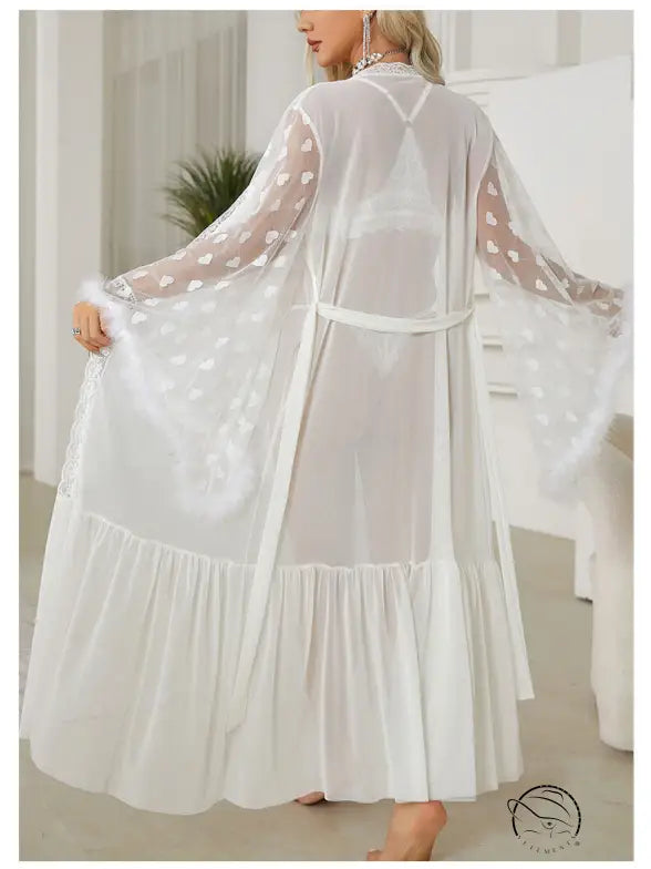 Bright red sexy mesh nightgown with flowing white sheer robe accents