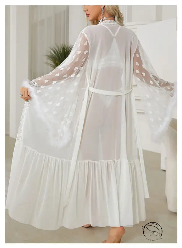 Bright red sexy mesh nightgown with flowing white sheer robe accents