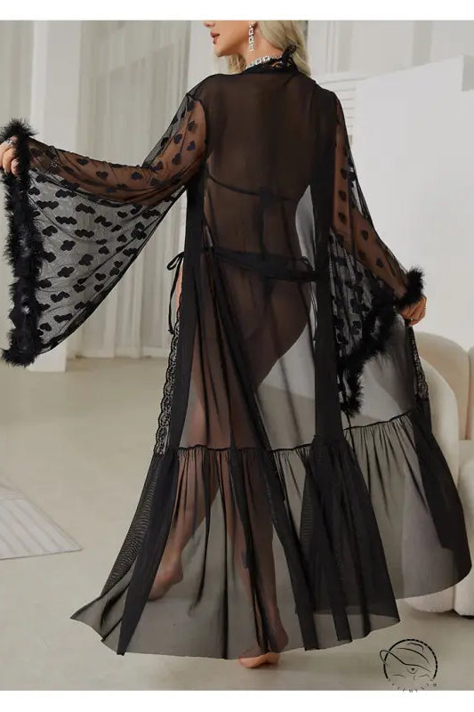 Bright red sexy mesh nightgown with sheer black robe, polka dots, feathers