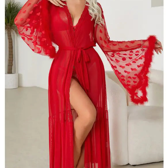 Vibrant red sheer robe with wide bell sleeves and a high slit.