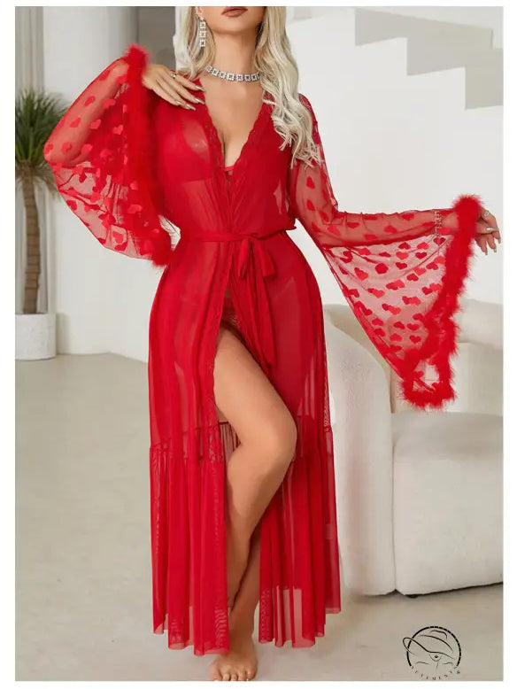 Vibrant red sheer robe with wide bell sleeves and a high slit.