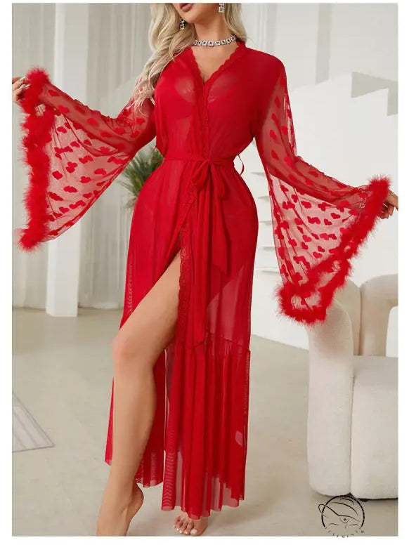 Bright red sexy mesh nightgown with belted design, sheer robe, bell sleeves, feather trim