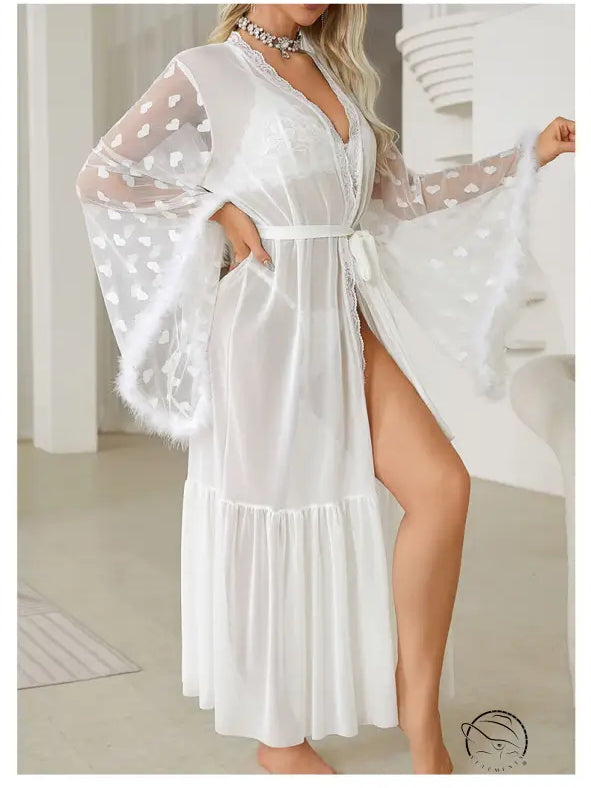 Bright red sexy mesh nightgown with belted waist and heart sleeves