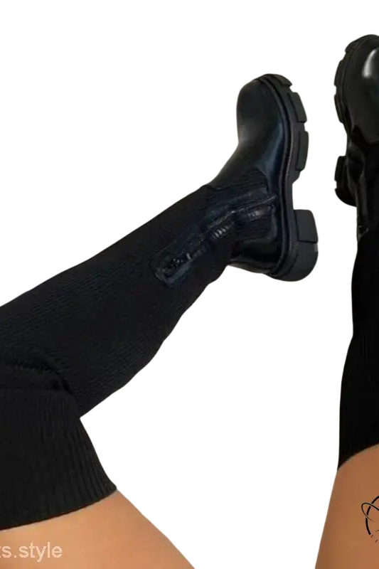 British style knee high boots in black leather with chunky soles