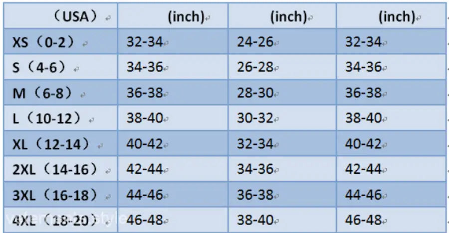 Size chart for Bronzing Bikini Three Piece Swimsuit from XS to 4XL in inches