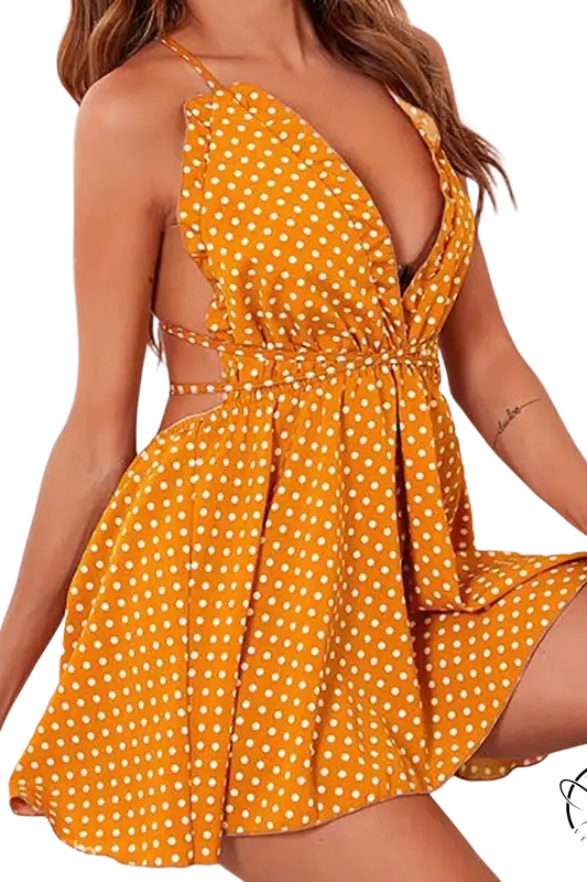 Bronzing love satin nightdress with yellow polka dots and plunging neckline