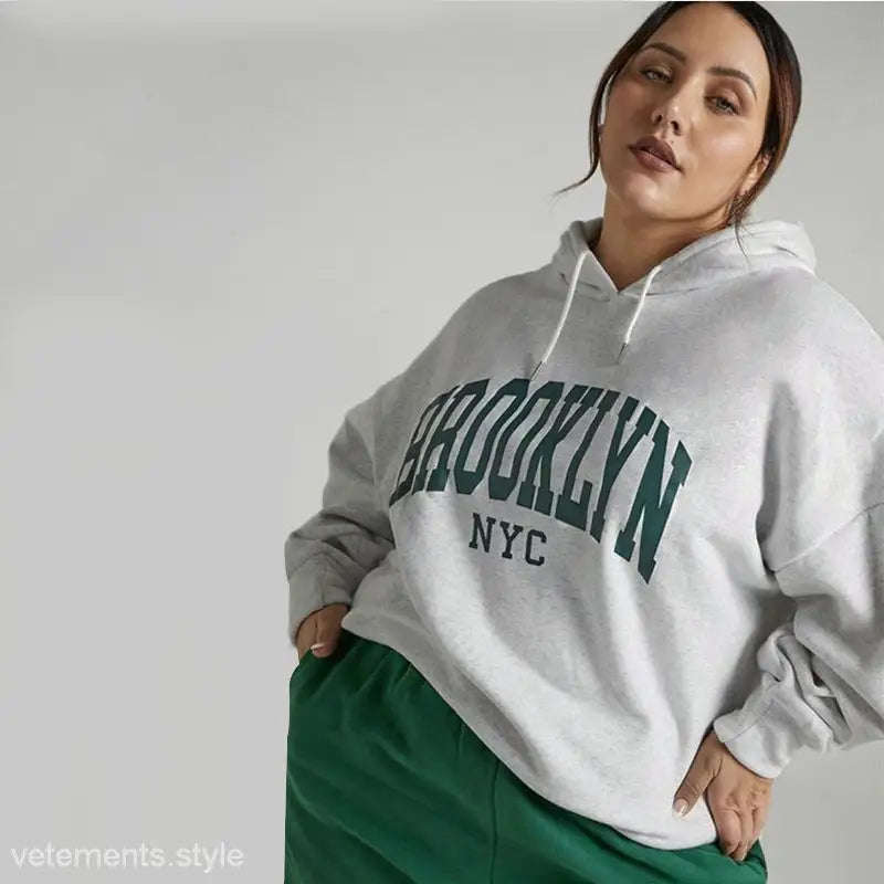 White Brooklyn Sweatshirt Set featuring pullover hoodie with green NYC print