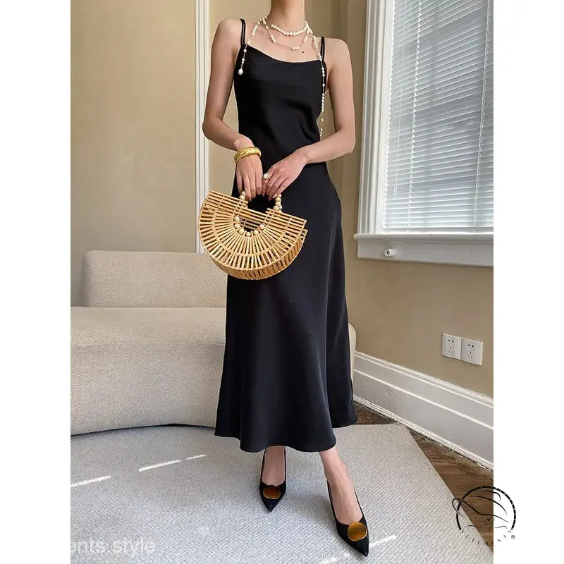 Budding green satin glossy cami dress with black spaghetti straps