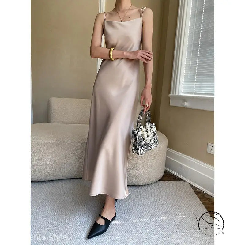 Budding green satin glossy cami dress with flowing drape