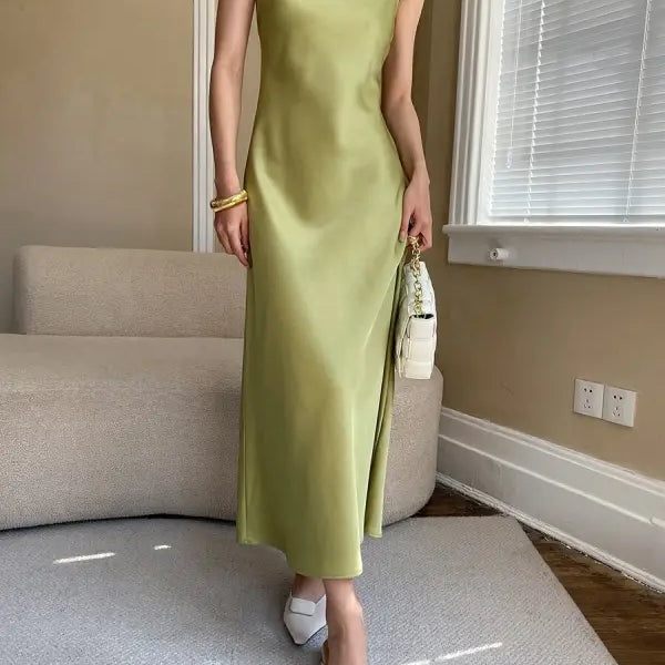 Budding green satin glossy cami dress with thin straps and ankle hem