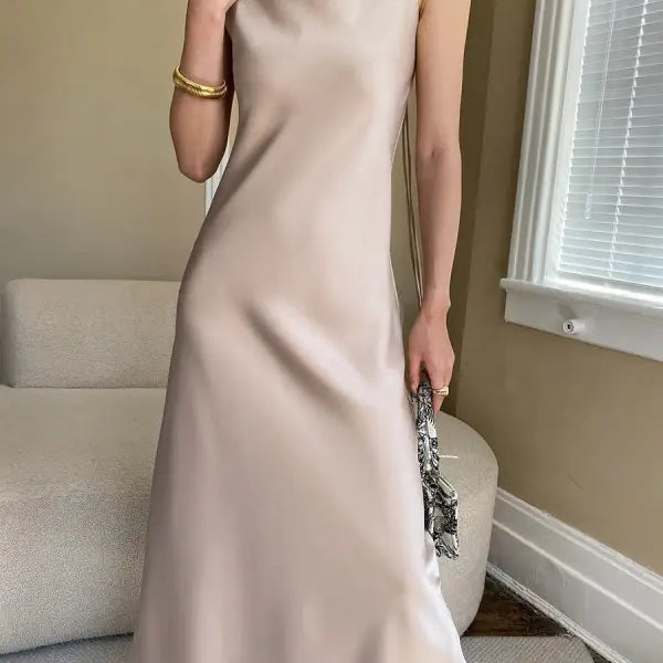 Budding green satin glossy cami dress with pale pink slip elegance