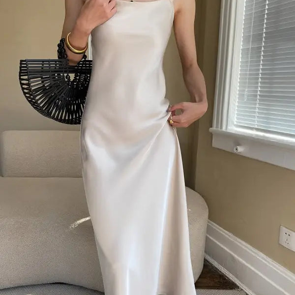 Budding green french satin glossy cami dress with midi skirt
