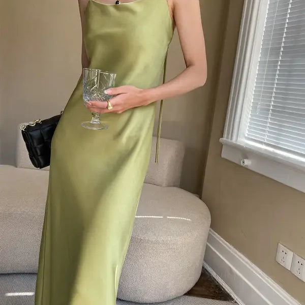 Budding green satin glossy cami dress with lime drape