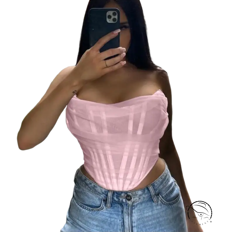 Burgundy short summer boning corset tube top in pink lace and tulle