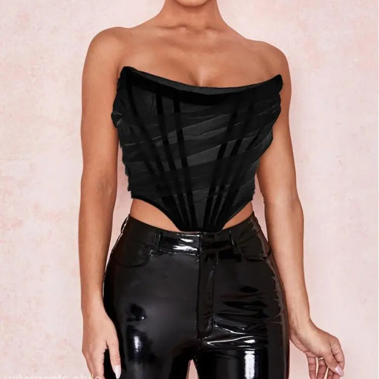 Black strapless corset top with shiny black pants, perfect for summer boning fashion, burgundy sold
