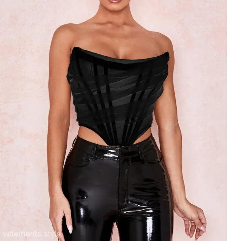 Black strapless corset top with shiny black pants, perfect for summer boning fashion, burgundy sold