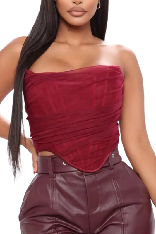 Burgundy short summer boning corset tube top in lace and tulle