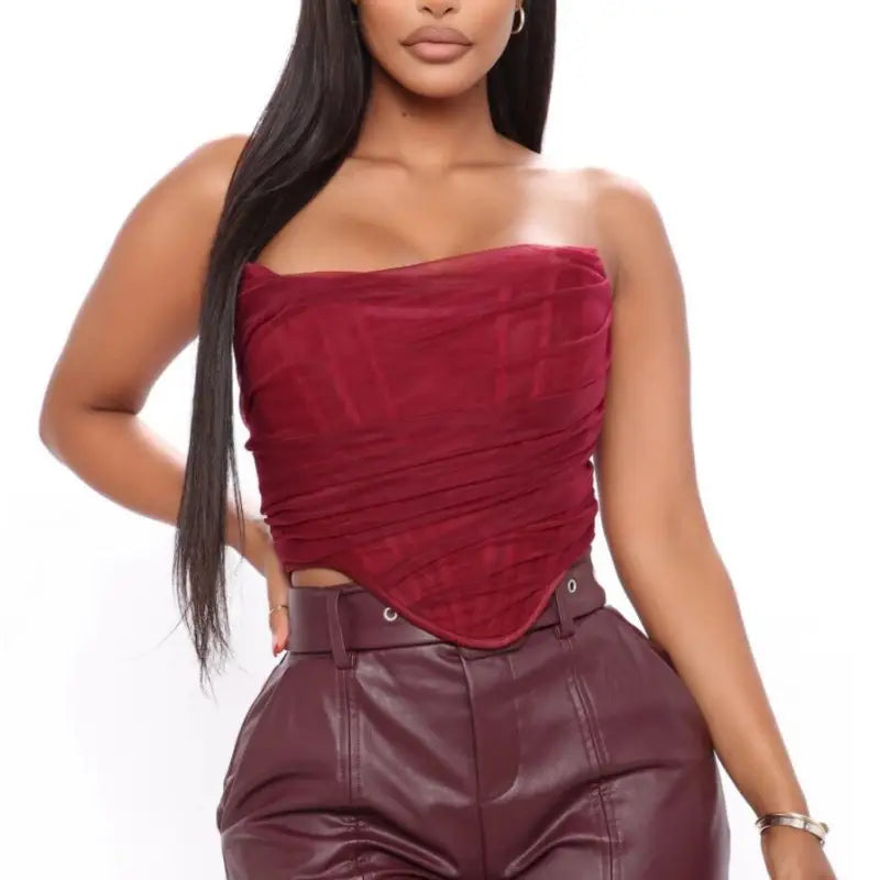 Burgundy strapless short summer boning corset tube top and pants ensemble