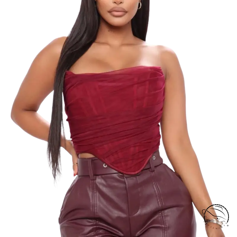 Burgundy short summer boning corset tube top in lace and tulle
