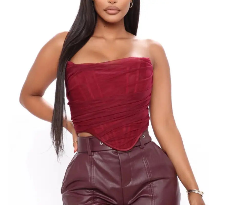 Burgundy strapless short summer boning corset tube top and pants ensemble