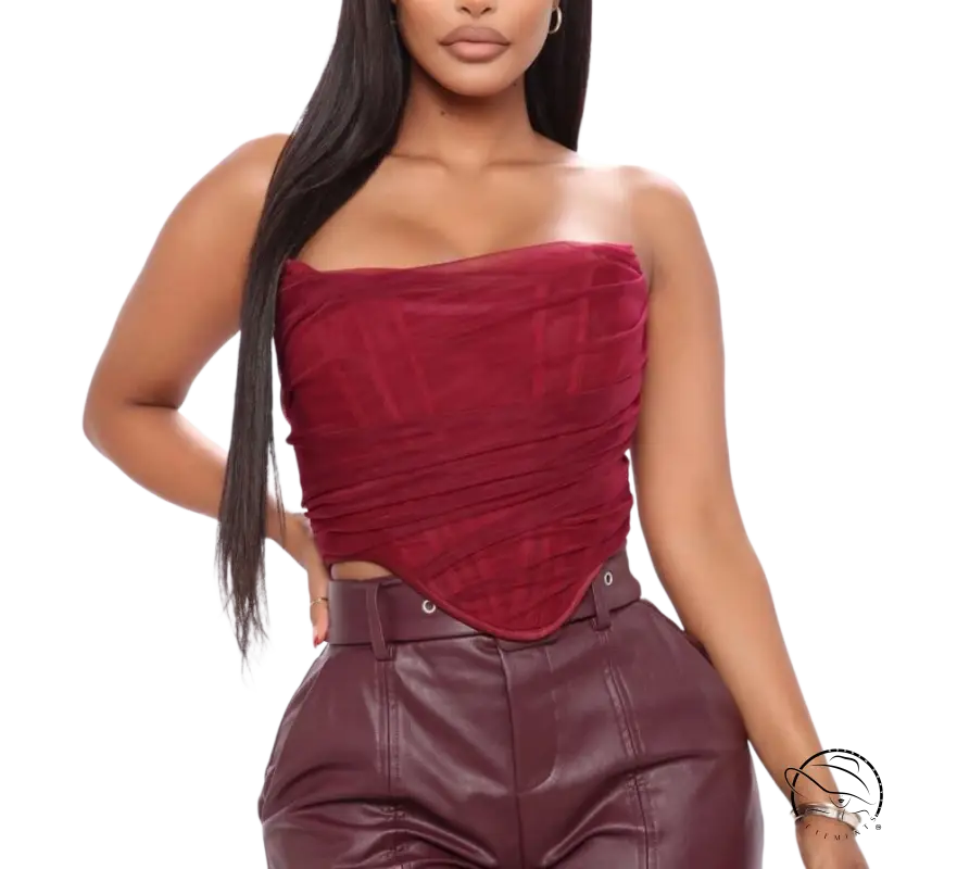 Burgundy short summer boning corset tube top in lace and tulle