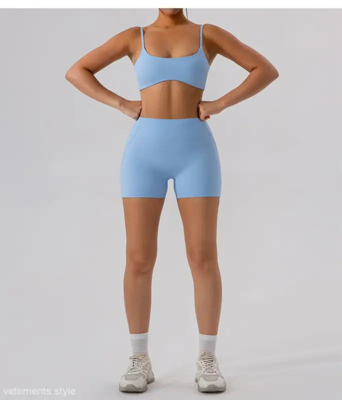 Light blue athletic set featuring Burnt Tea Brown Close Fitting Yoga Shorts in Sporty Slim Nylon