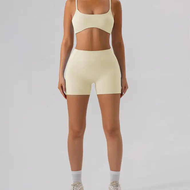 Burnt Tea Brown Close Fitting Yoga Shorts paired with a matching athletic bra set