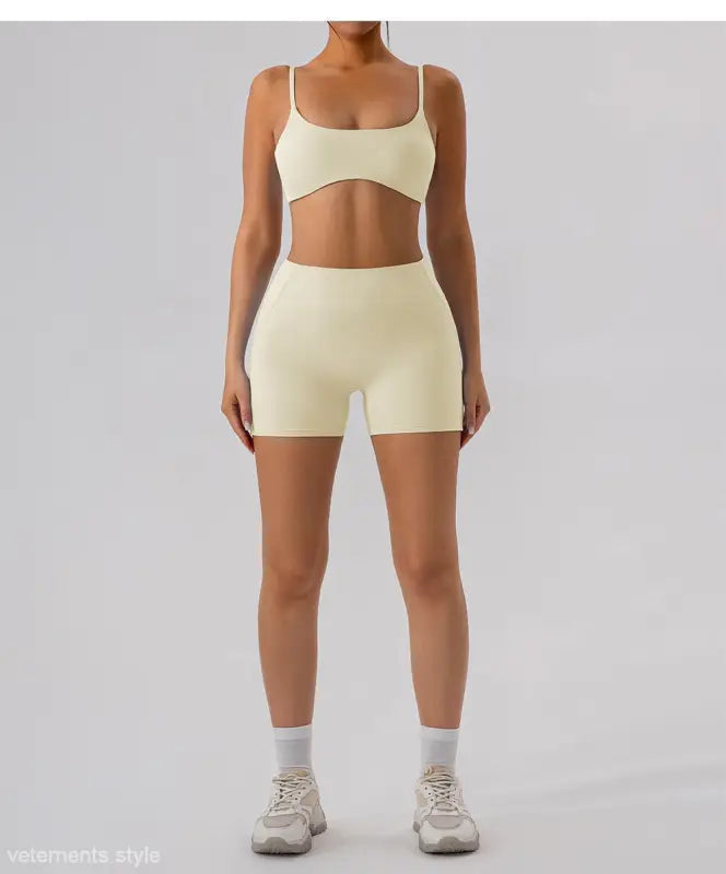 Burnt Tea Brown Close Fitting Yoga Shorts paired with a matching athletic bra set