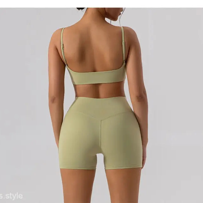 Burnt Tea Brown Close Fitting Yoga Shorts paired with a matching athletic bra set