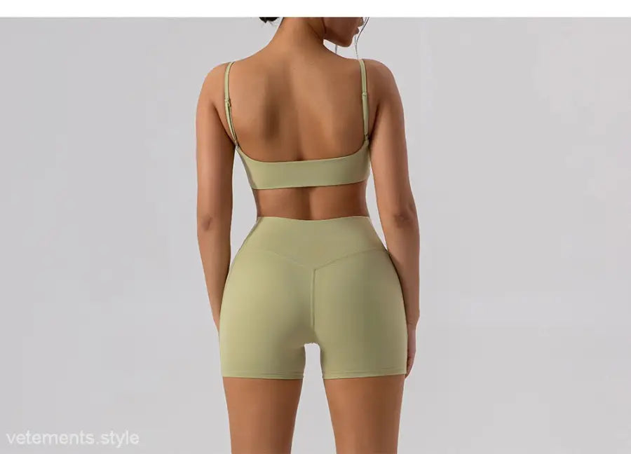 Burnt Tea Brown Close Fitting Yoga Shorts paired with a matching athletic bra set